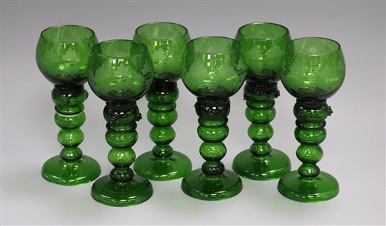 A set of six green etched hock glasses height 18cm